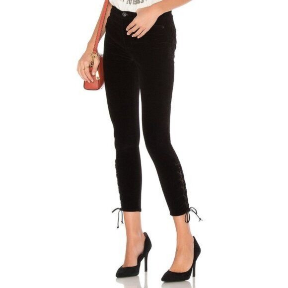 Hudson Nix High Rise Lace Hem Velvet Cropped Jeans in Black Star - Picture 2 of 8